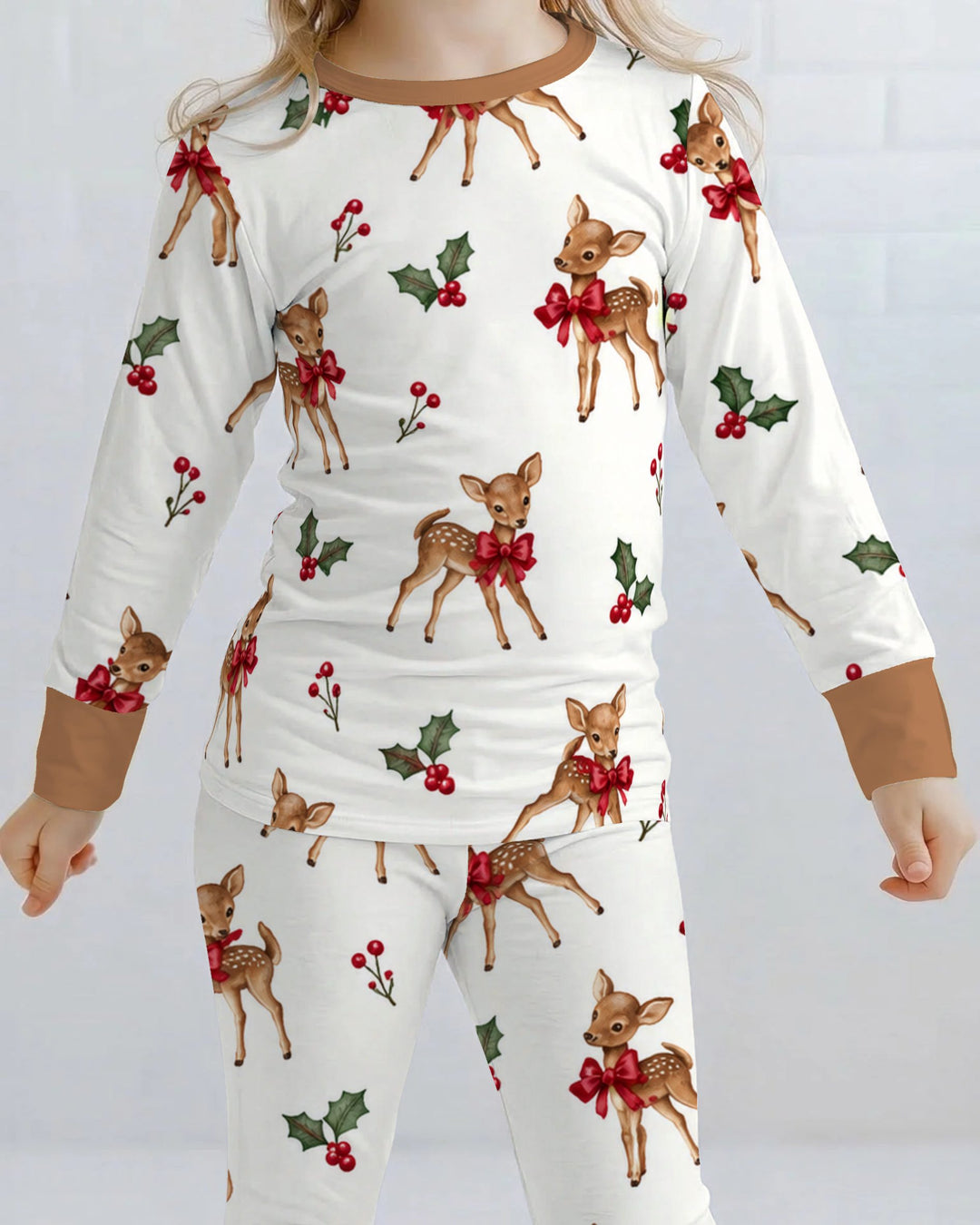Vintage Christmas Fawn & Holly Bows Bamboo Two Piece Long Sleeve Pajama Set