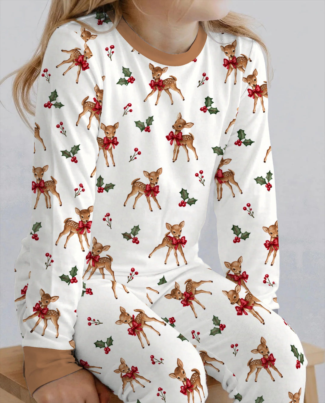 Vintage Christmas Fawn & Holly Bows Bamboo Two Piece Long Sleeve Pajama Set