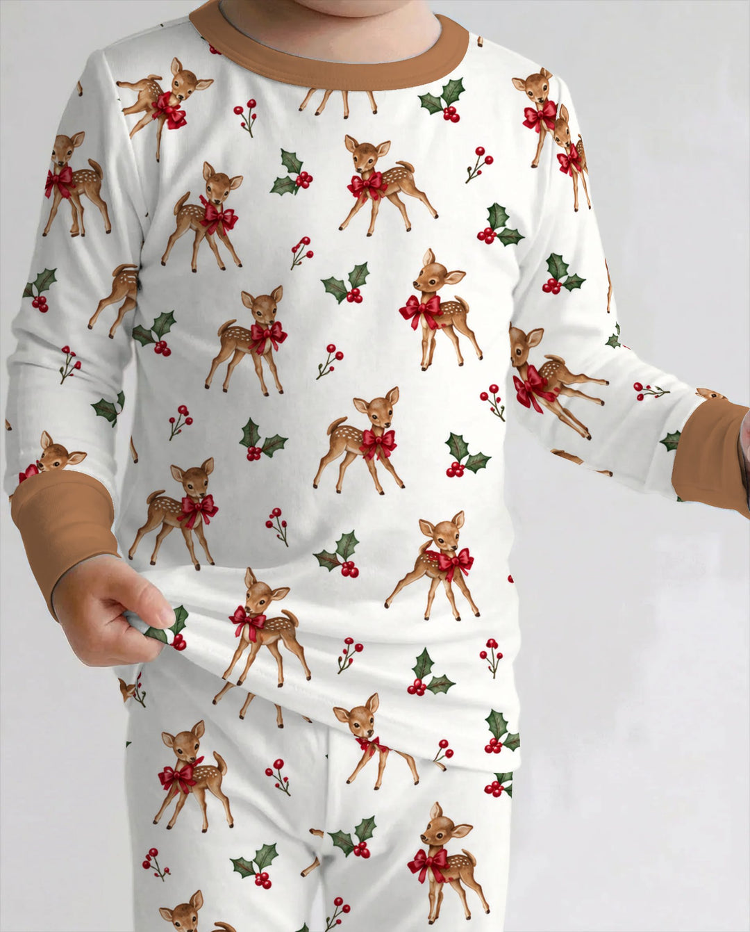 Vintage Christmas Fawn & Holly Bows Bamboo Two Piece Long Sleeve Pajama Set