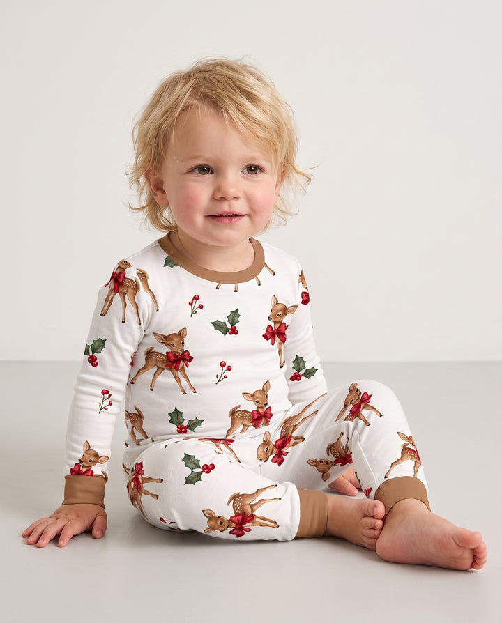 Vintage Christmas Fawn & Holly Bows Bamboo Two Piece Long Sleeve Pajama Set