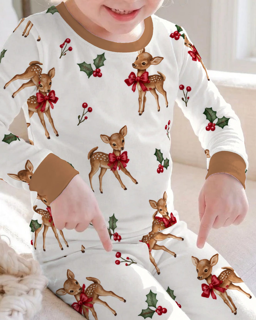 Vintage Christmas Fawn & Holly Bows Bamboo Two Piece Long Sleeve Pajama Set
