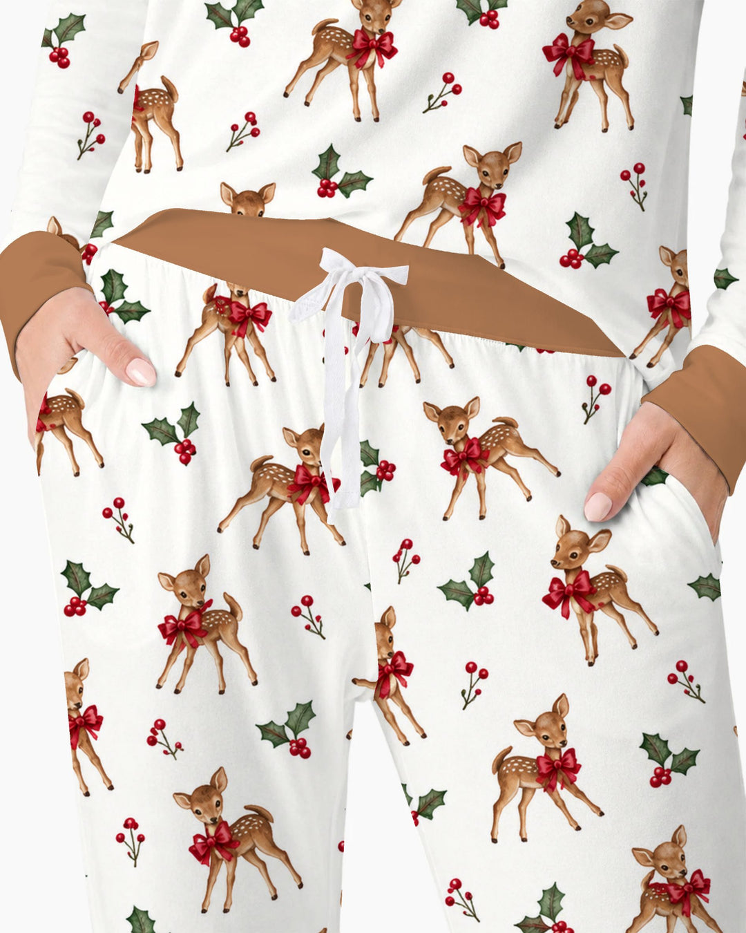 Vintage Christmas Fawn & Holly Bows Bamboo Women Pajama Set