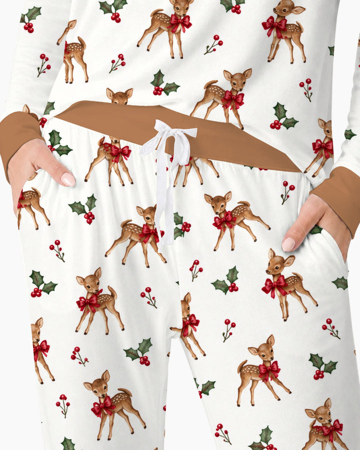 Vintage Christmas Fawn & Holly Bows Bamboo Women Pajama Set