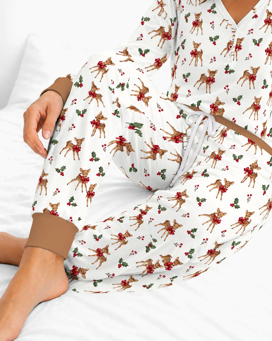 Vintage Christmas Fawn & Holly Bows Bamboo Women Pajama Set