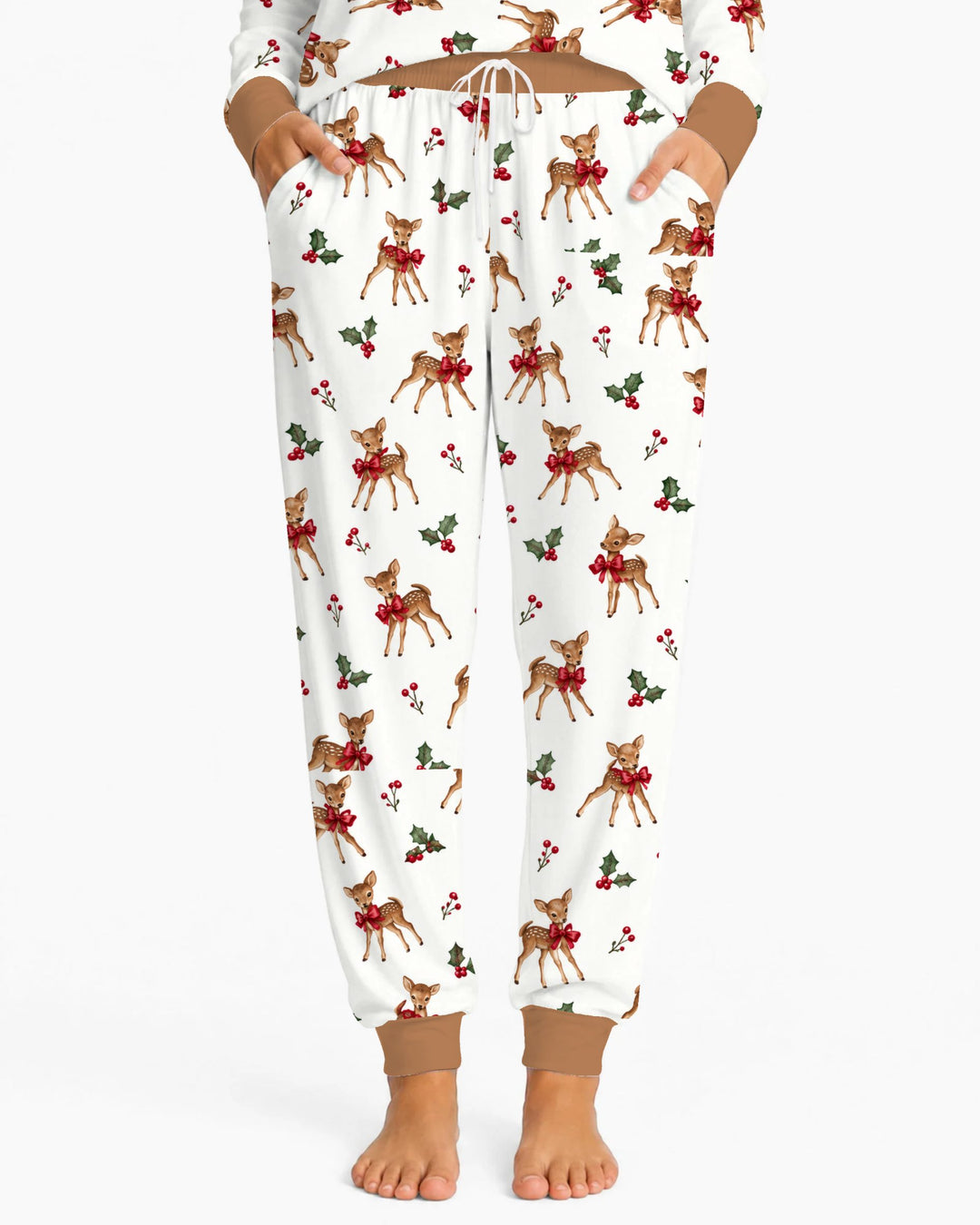 Vintage Christmas Fawn & Holly Bows Bamboo Women Pajama Set