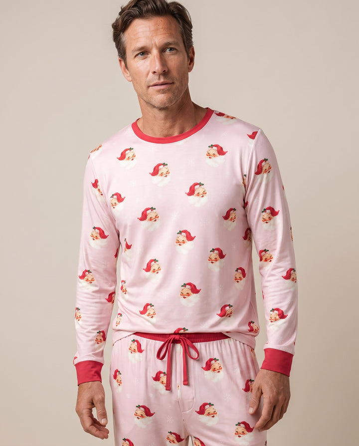 Pink Vintage Santa & Snowflakes Bamboo Men's Pajama Set