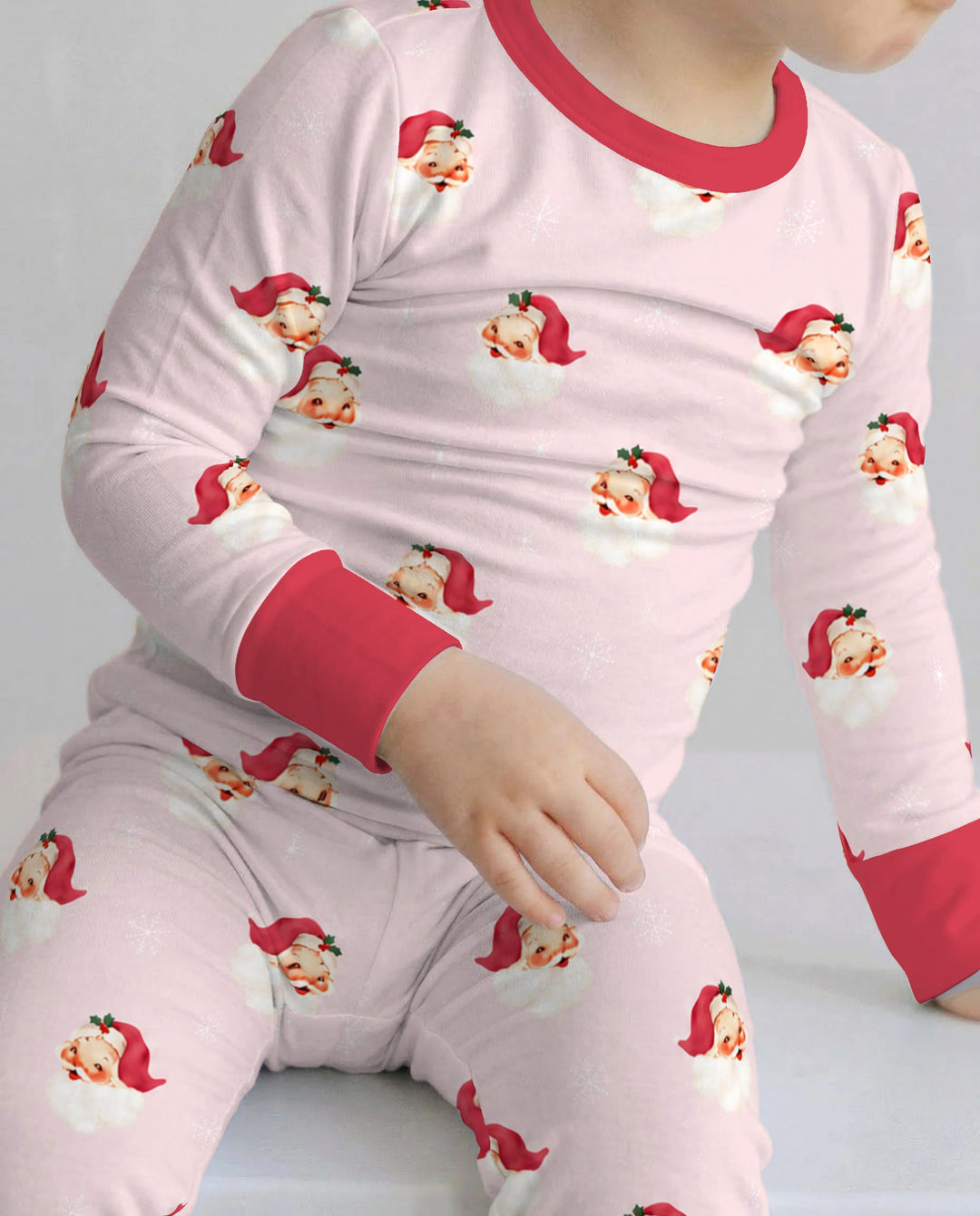 Pink Vintage Santa & Snowflakes Bamboo Two Piece Long Sleeve Pajama Set