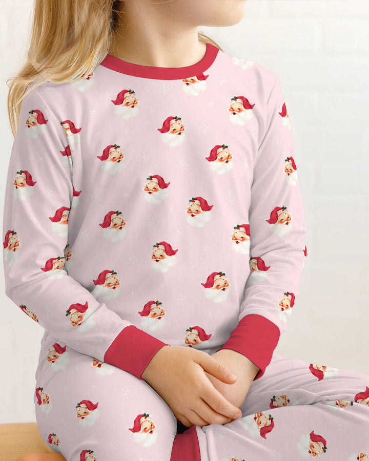 Pink Vintage Santa & Snowflakes Bamboo Two Piece Long Sleeve Pajama Set