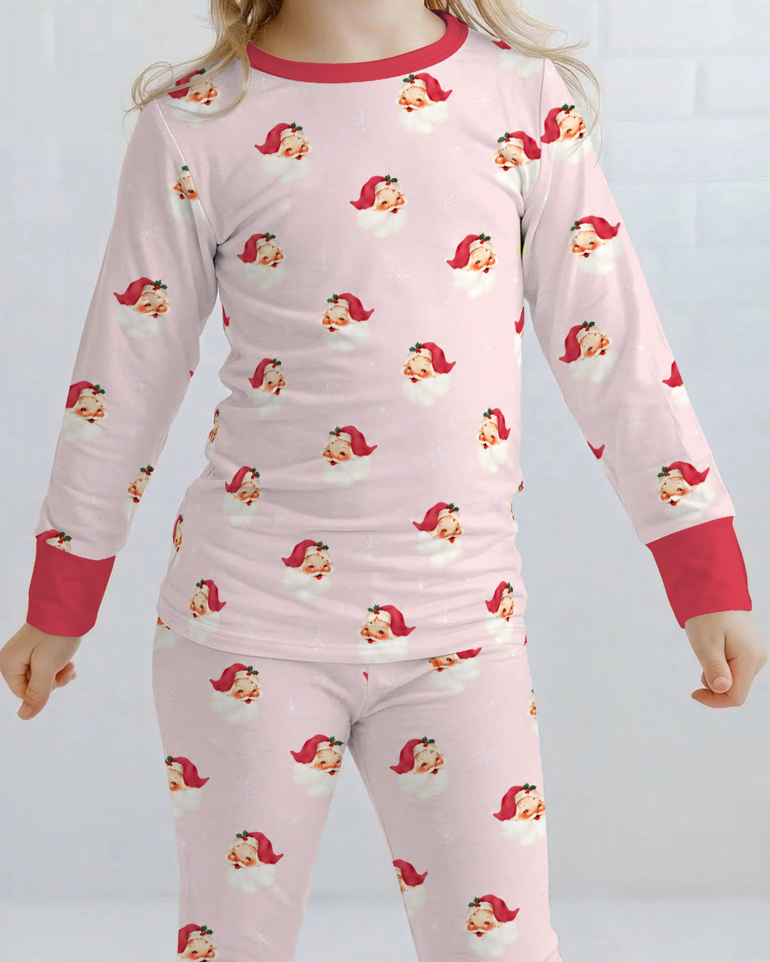 Pink Vintage Santa & Snowflakes Bamboo Two Piece Long Sleeve Pajama Set