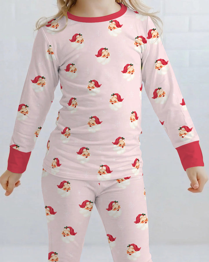 Pink Vintage Santa & Snowflakes Bamboo Two Piece Long Sleeve Pajama Set