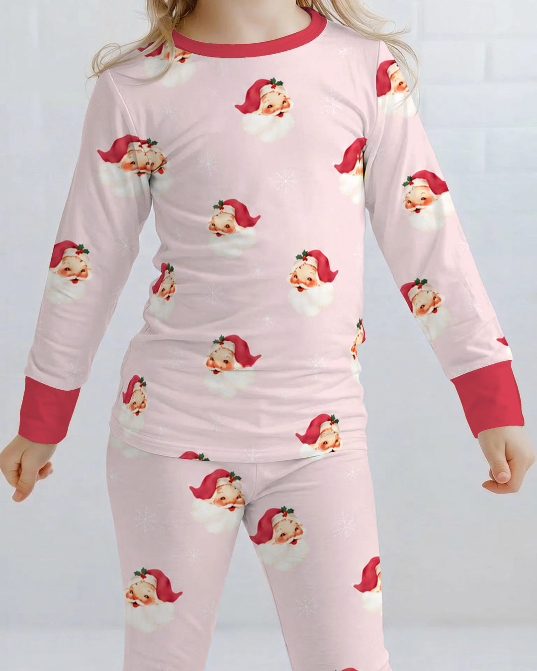 Pink Vintage Santa & Snowflakes Bamboo Two Piece Long Sleeve Pajama Set