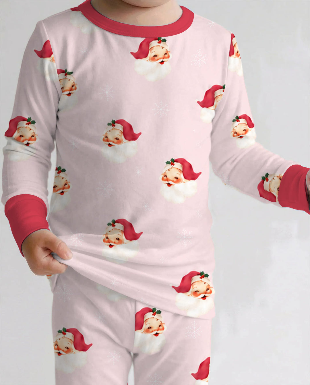 Pink Vintage Santa & Snowflakes Bamboo Two Piece Long Sleeve Pajama Set