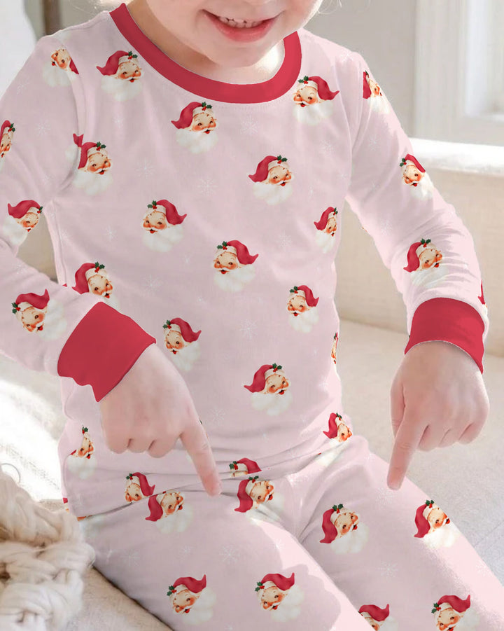 Pink Vintage Santa & Snowflakes Bamboo Two Piece Long Sleeve Pajama Set