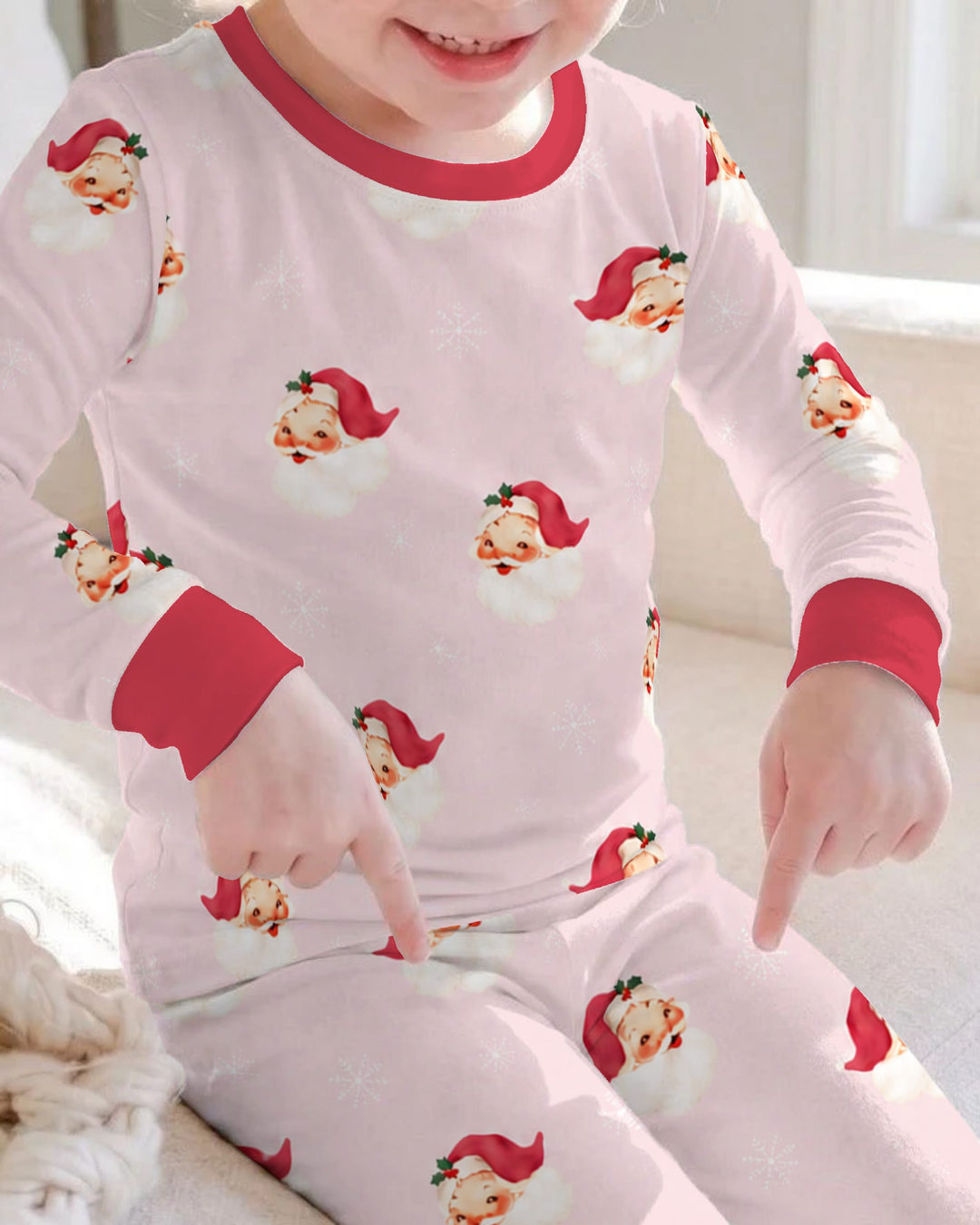 Pink Vintage Santa & Snowflakes Bamboo Two Piece Long Sleeve Pajama Set