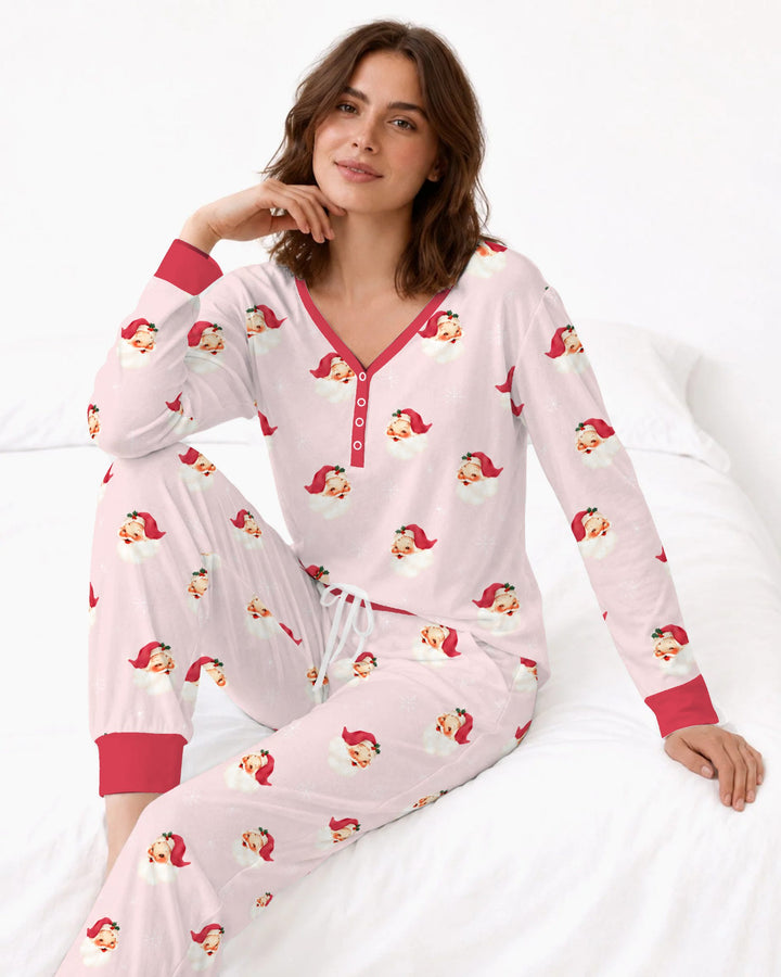 Pink Vintage Santa & Snowflakes Bamboo Women Pajama Set