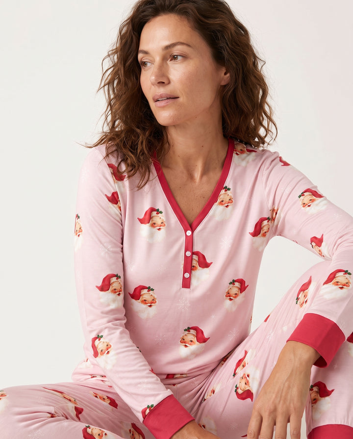 Pink Vintage Santa & Snowflakes Bamboo Women Pajama Set