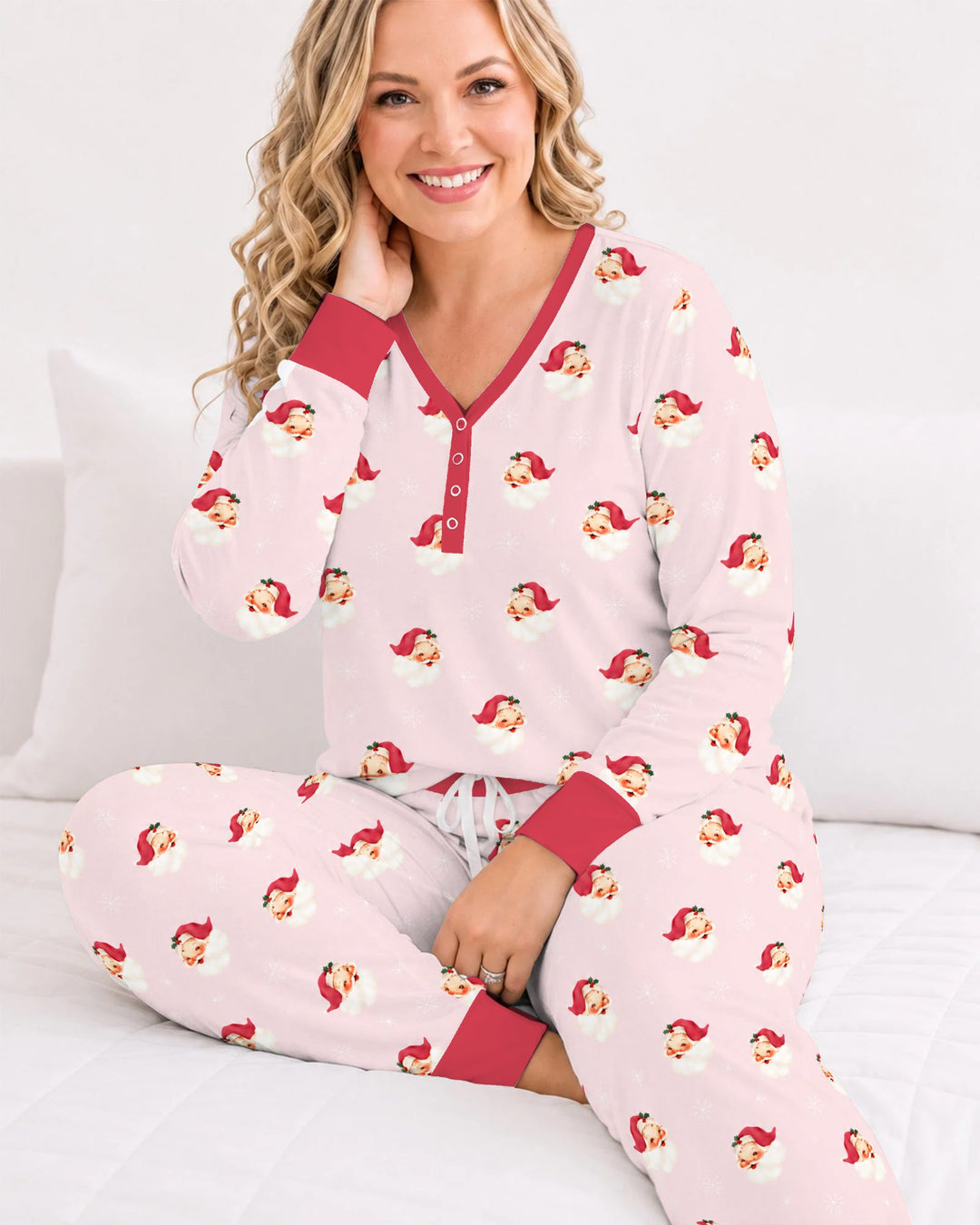 Pink Vintage Santa & Snowflakes Bamboo Women Pajama Set