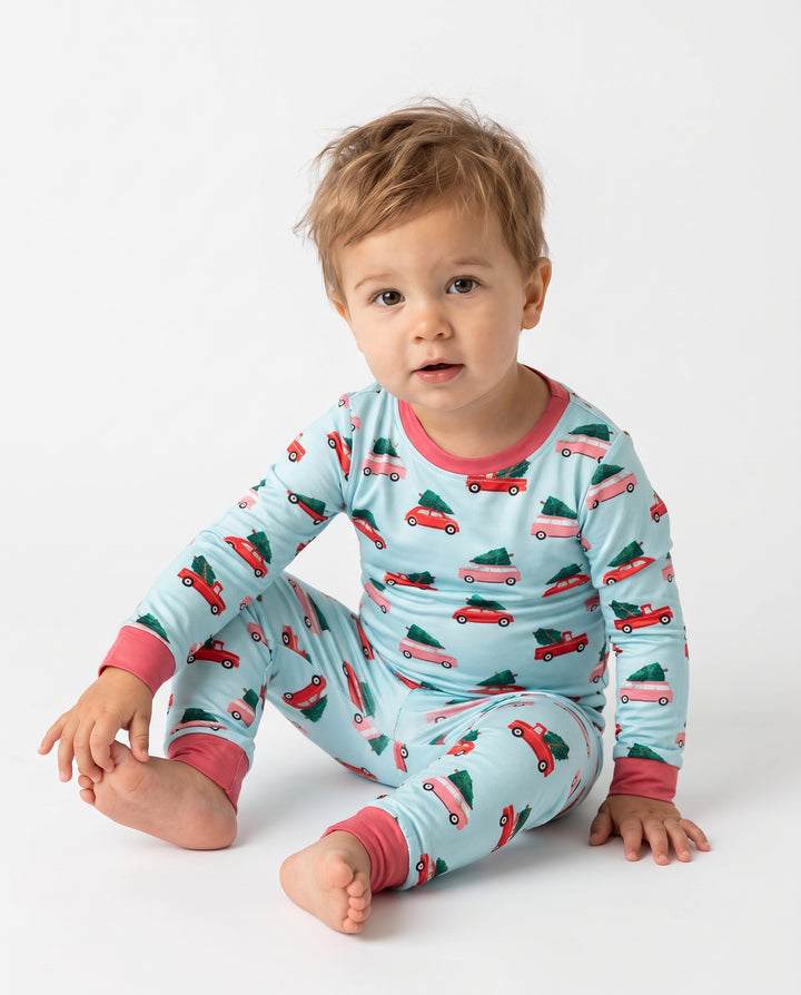 Christmas Tree Road Trip Cars Bamboo Two Piece Long Sleeve Pajama Set