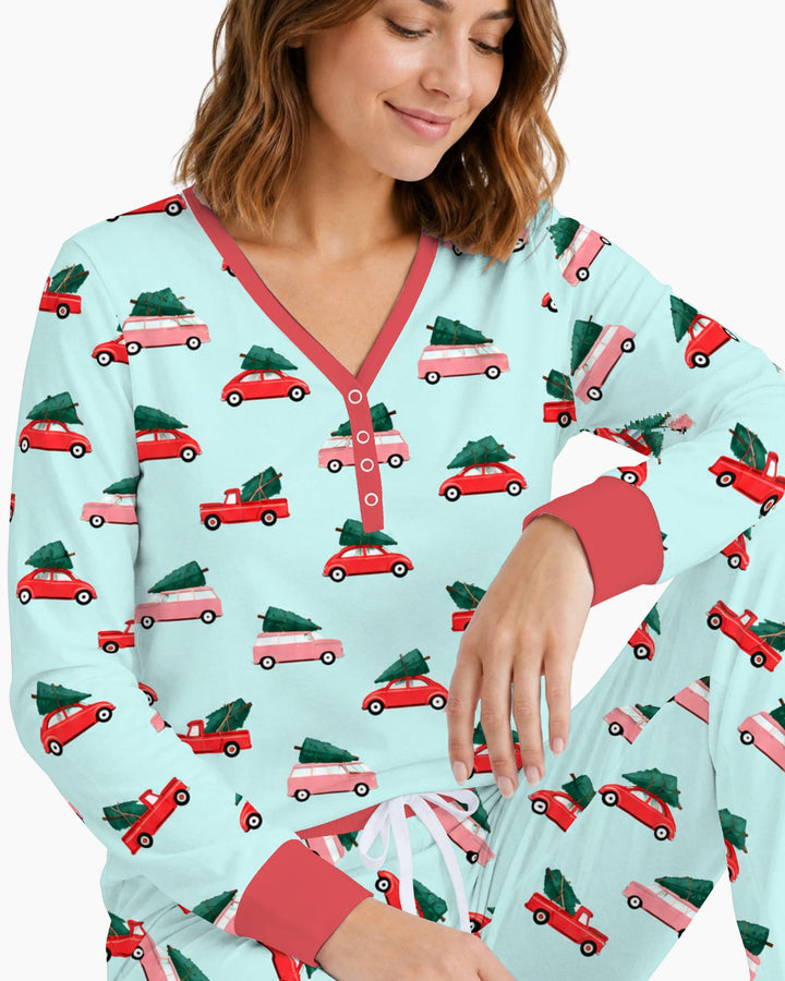 Christmas Tree Road Trip Cars Bamboo Women Pajama Set