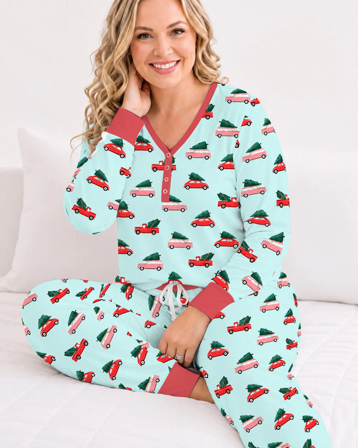 Christmas Tree Road Trip Cars Bamboo Women Pajama Set