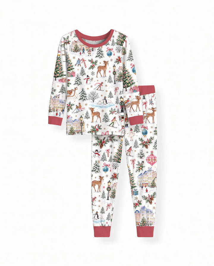 Christmas Winter Village Toile Bamboo Two Piece Long Sleeve Pajama Set