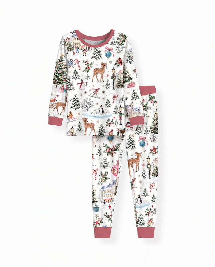 Christmas Winter Village Toile Bamboo Two Piece Long Sleeve Pajama Set