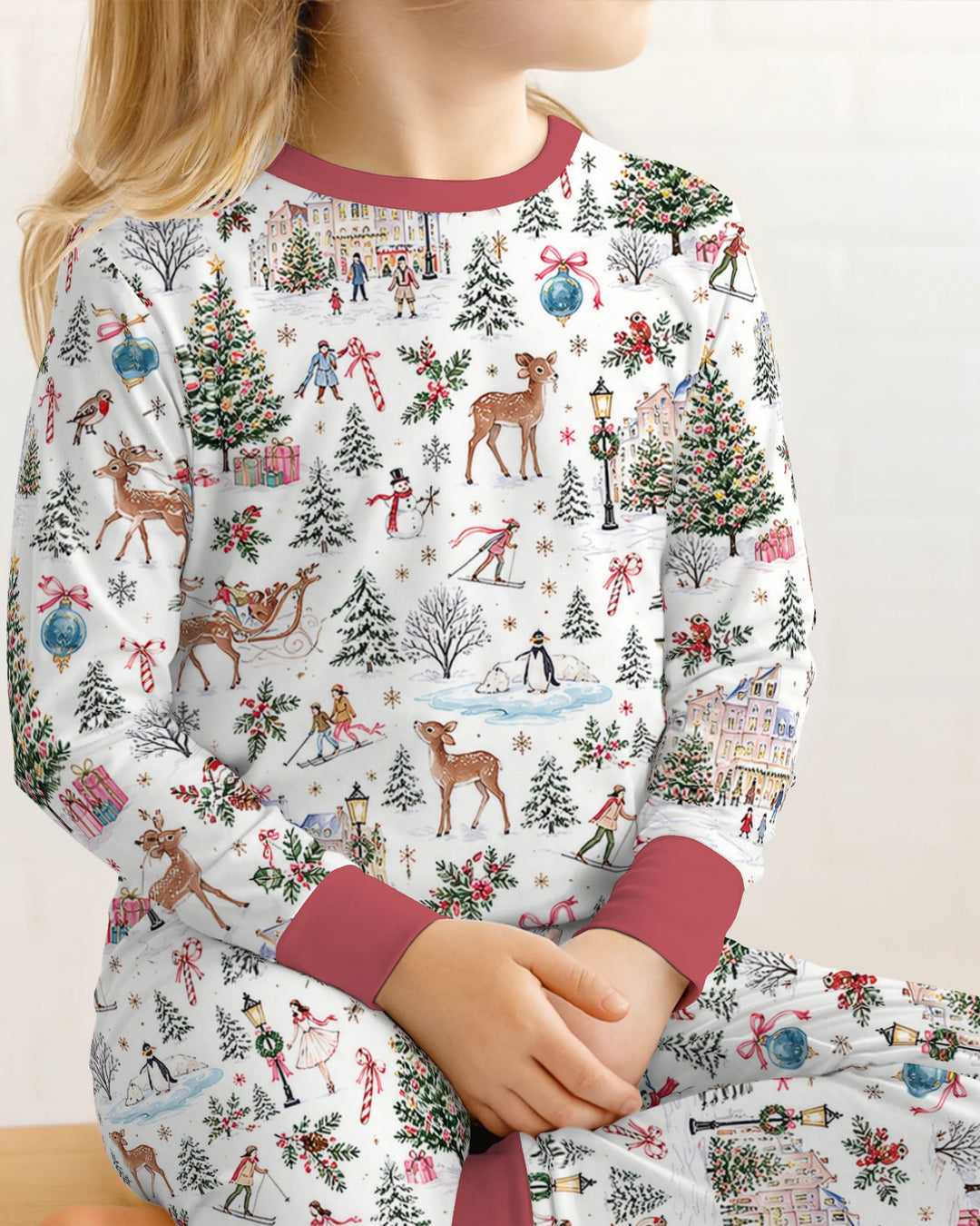 Christmas Winter Village Toile Bamboo Two Piece Long Sleeve Pajama Set