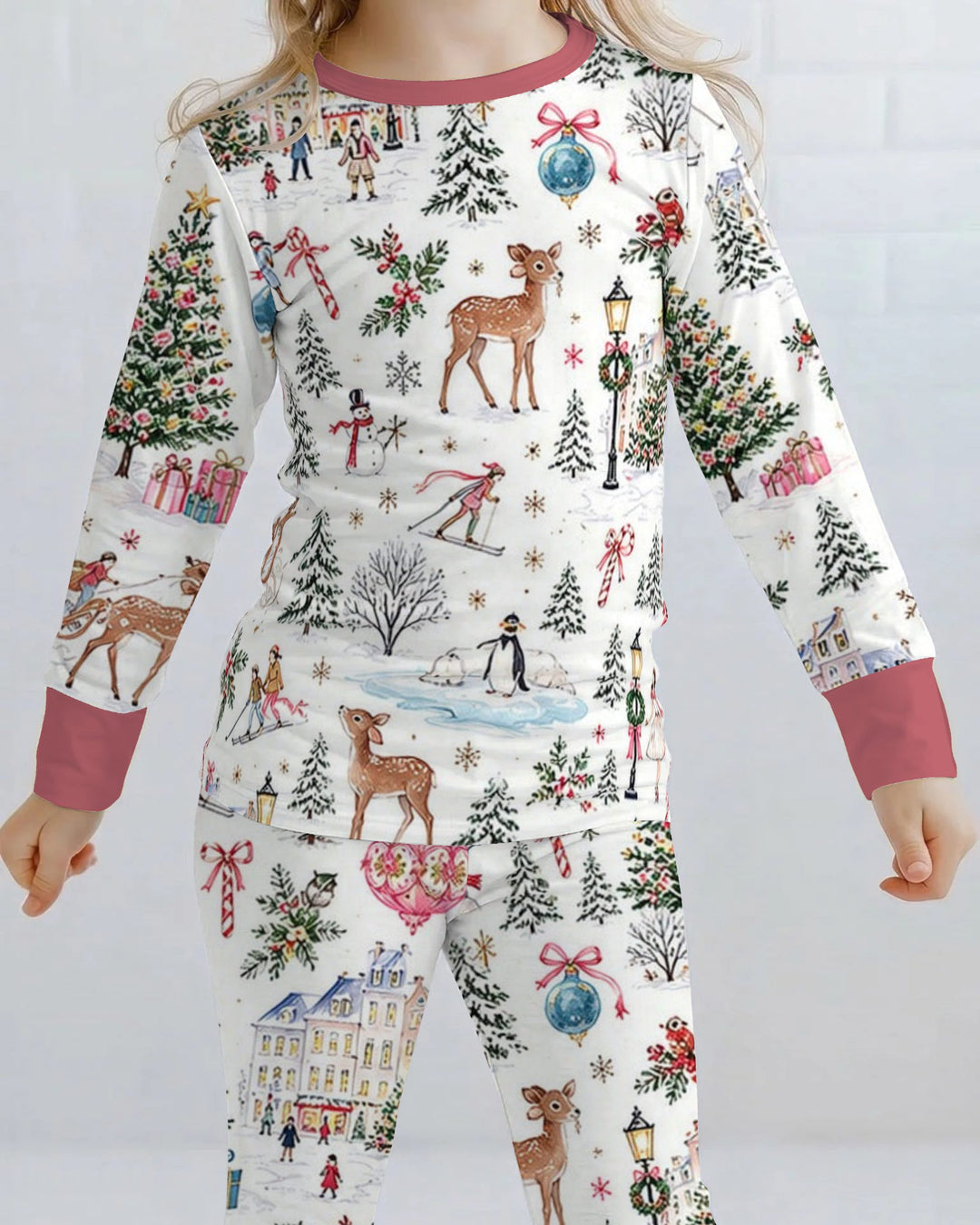 Christmas Winter Village Toile Bamboo Two Piece Long Sleeve Pajama Set