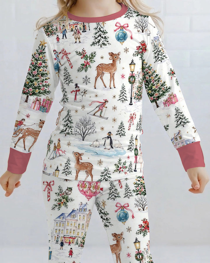 Christmas Winter Village Toile Bamboo Two Piece Long Sleeve Pajama Set