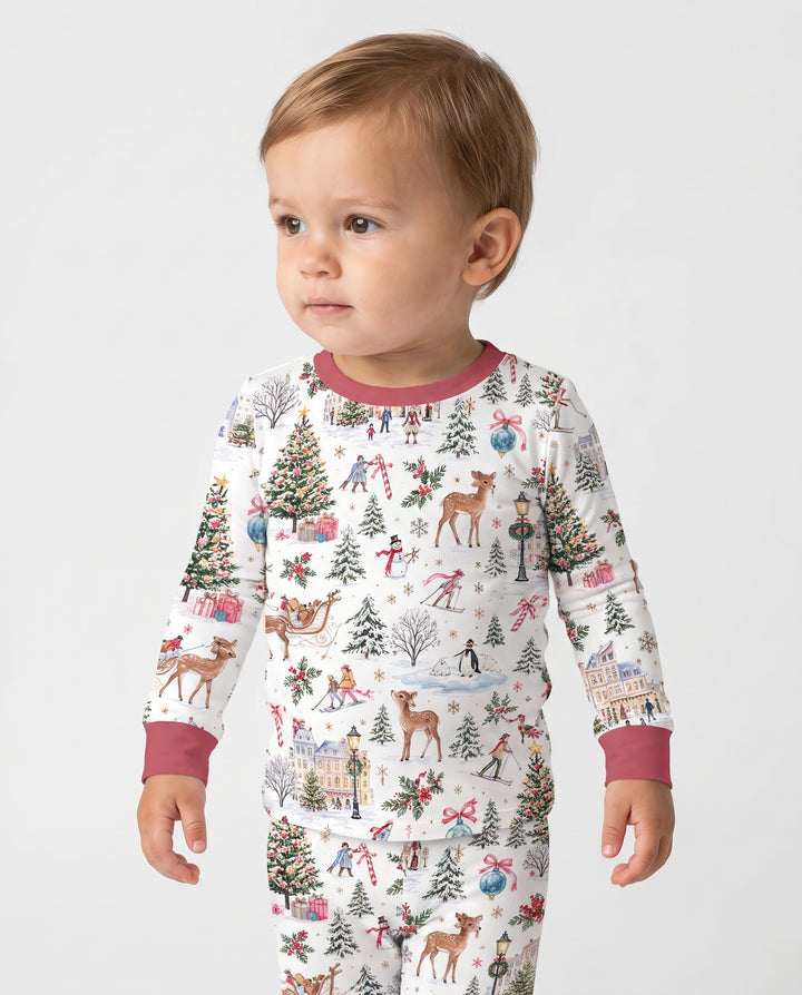 Christmas Winter Village Toile Bamboo Two Piece Long Sleeve Pajama Set