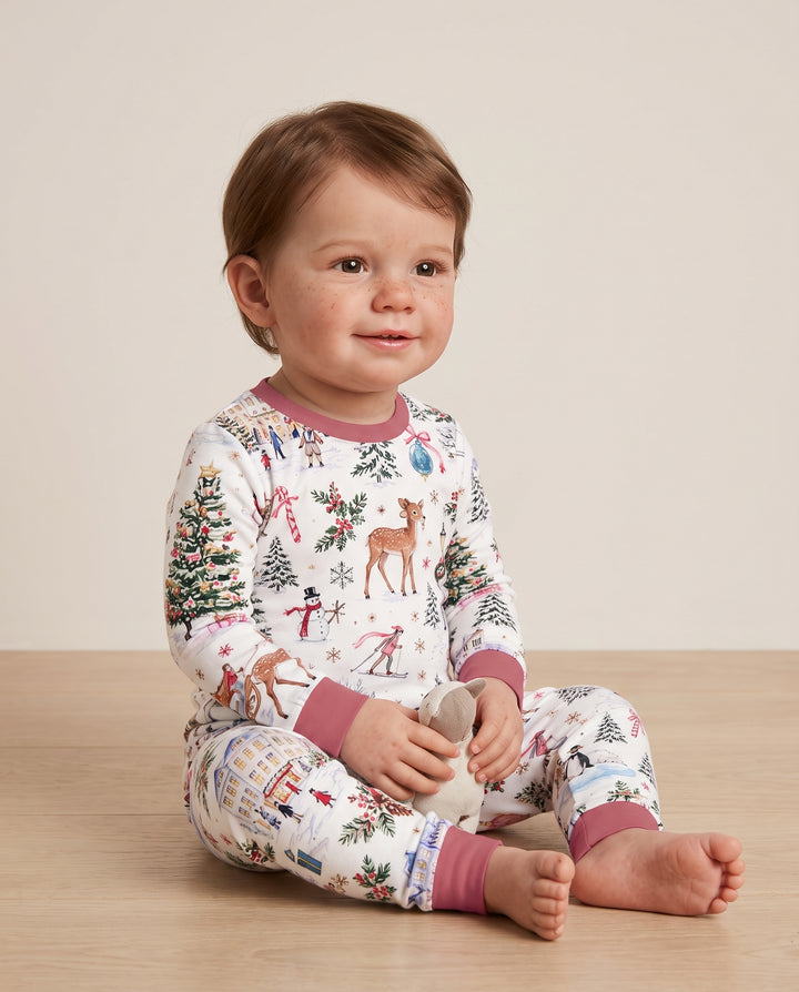 Christmas Winter Village Toile Bamboo Two Piece Long Sleeve Pajama Set