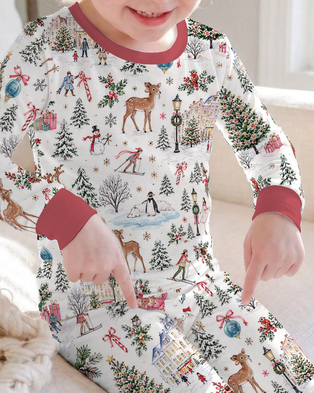 Christmas Winter Village Toile Bamboo Two Piece Long Sleeve Pajama Set