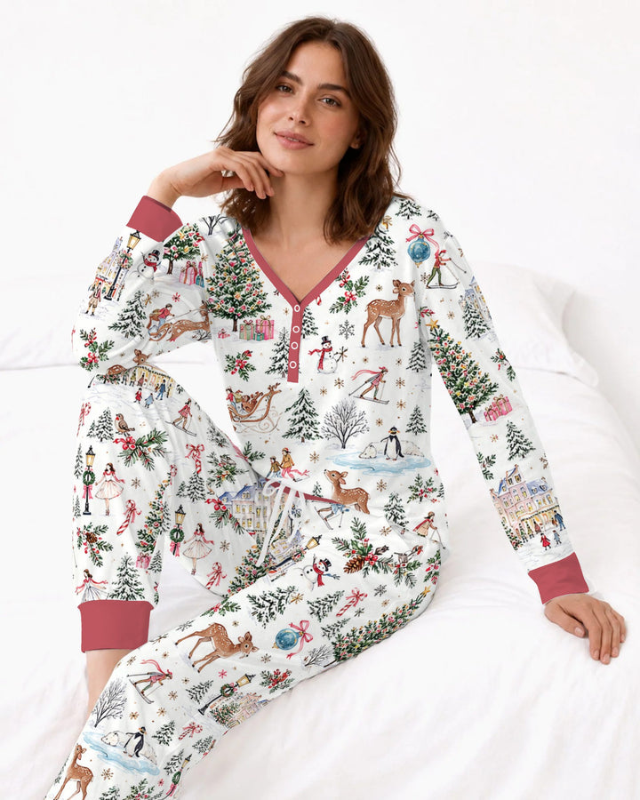 Christmas Winter Village Toile Bamboo Women Pajama Set