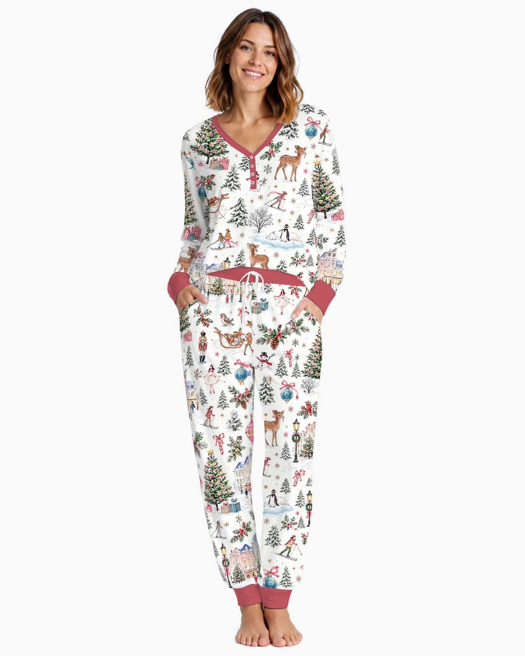 Christmas Winter Village Toile Bamboo Women Pajama Set