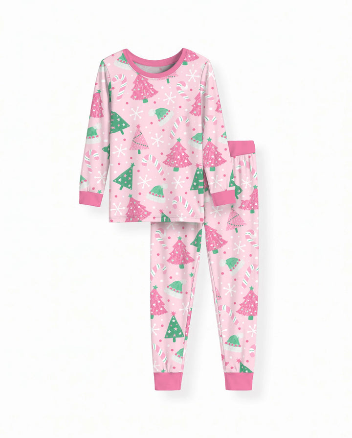 Pink & Mint Candy Christmas Trees Bamboo Two Piece Long Sleeve Pajama Set