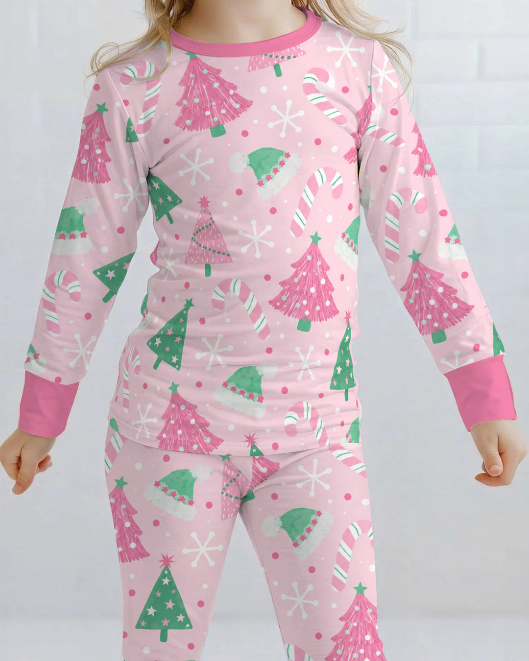 Pink & Mint Candy Christmas Trees Bamboo Two Piece Long Sleeve Pajama Set