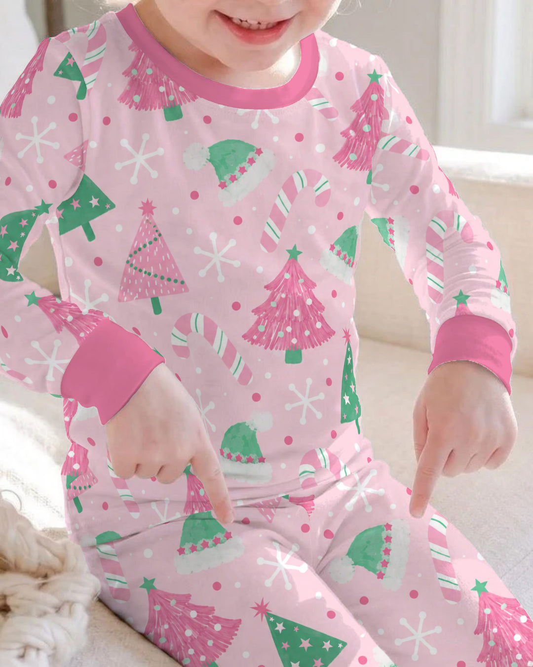Pink & Mint Candy Christmas Trees Bamboo Two Piece Long Sleeve Pajama Set