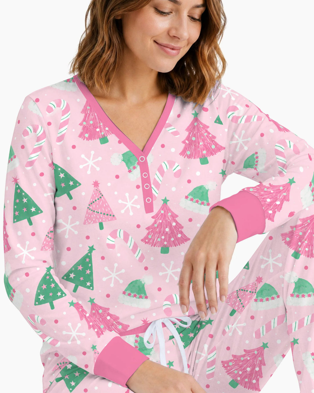 Pink & Mint Candy Christmas Trees Bamboo Women Pajama Set
