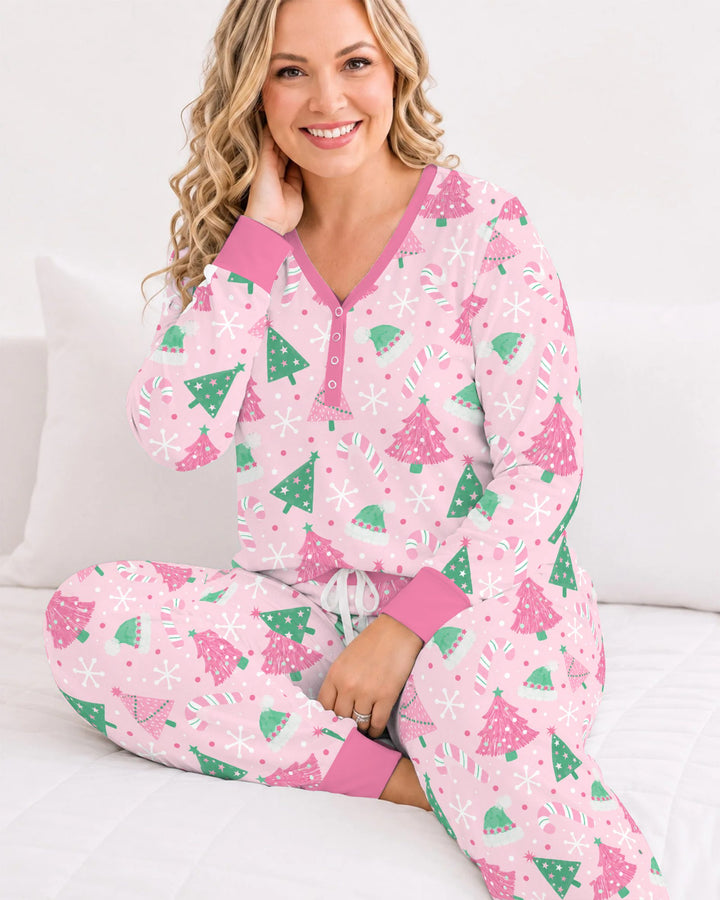 Pink & Mint Candy Christmas Trees Bamboo Women Pajama Set