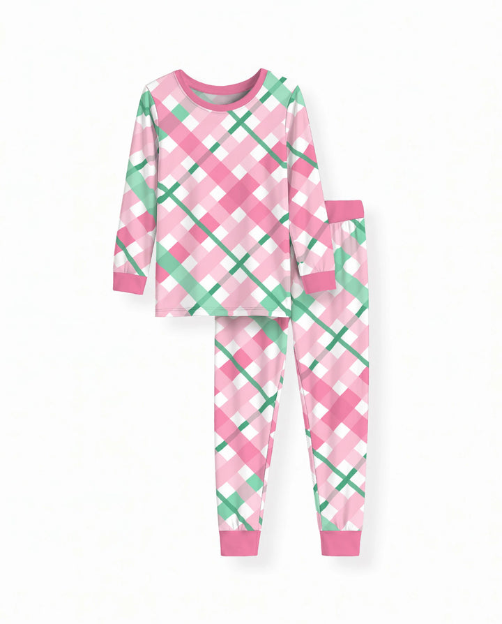Pink & Mint Christmas Plaid Bamboo Two Piece Long Sleeve Pajama Set