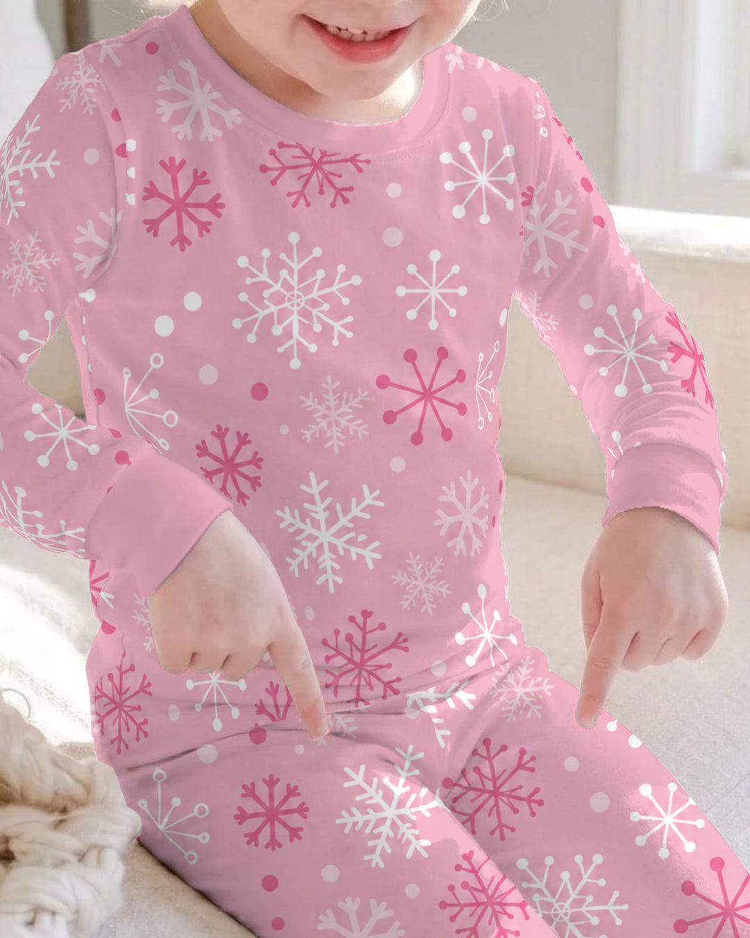 Pretty in Pink Christmas Snowflakes Bamboo Two Piece Long Sleeve Pajama Set