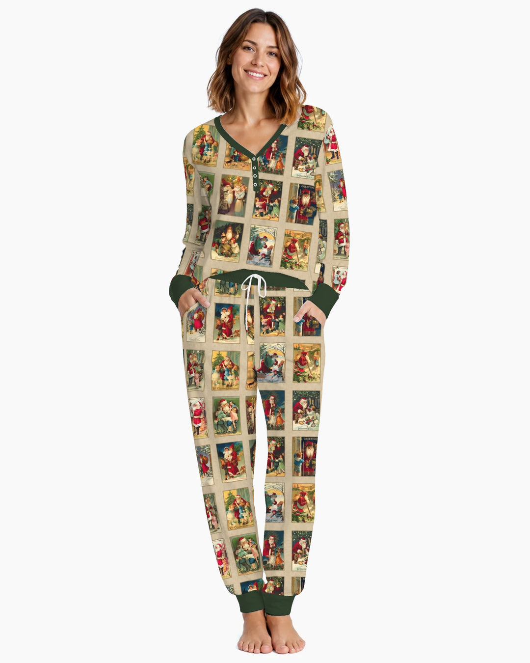 Vintage Santa Christmas Postcards Bamboo Women Pajama Set
