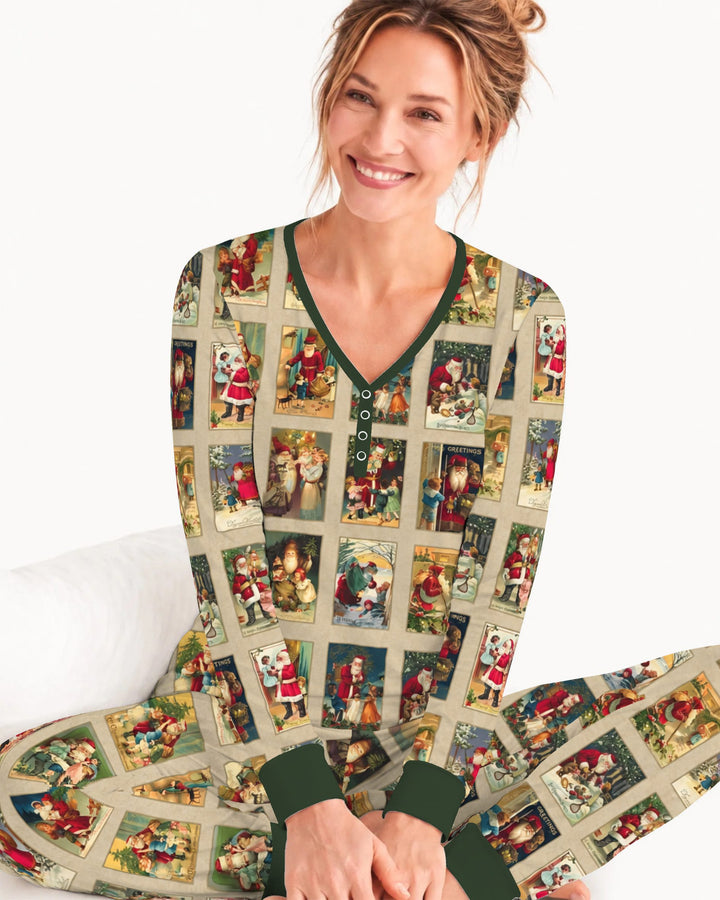 Vintage Santa Christmas Postcards Bamboo Women Pajama Set