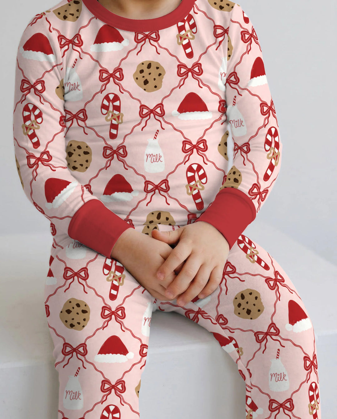 Pink Christmas Cookies and Milk Bow Lattice Bamboo Two Piece Long Sleeve Pajama Set