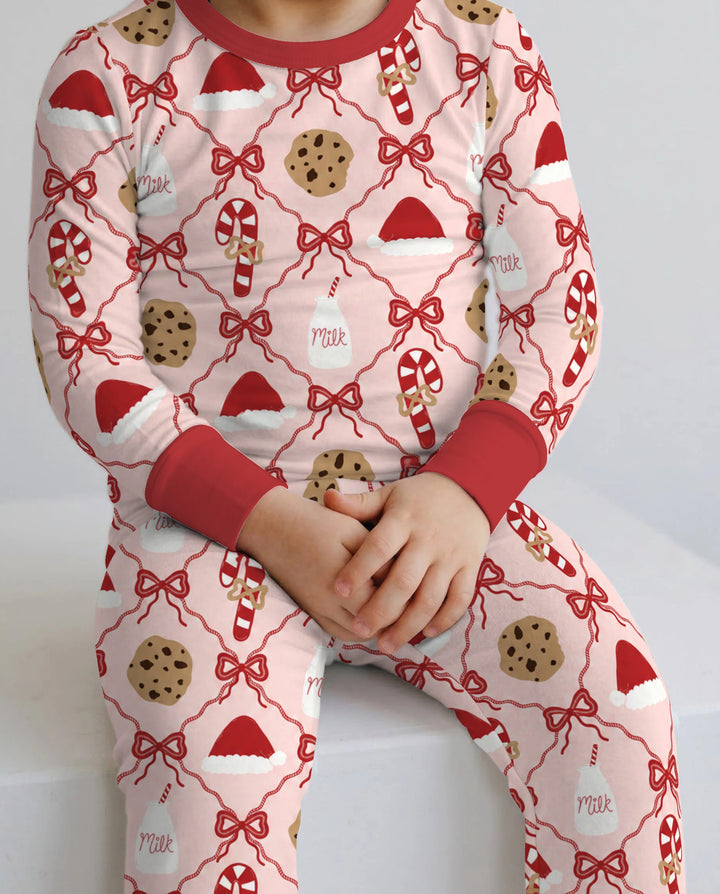 Pink Christmas Cookies and Milk Bow Lattice Bamboo Two Piece Long Sleeve Pajama Set