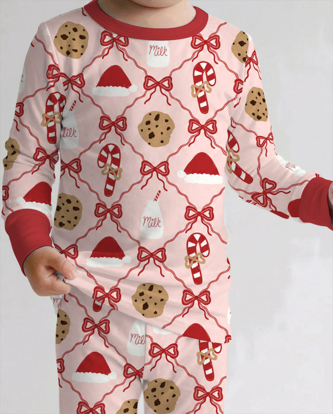 Pink Christmas Cookies and Milk Bow Lattice Bamboo Two Piece Long Sleeve Pajama Set