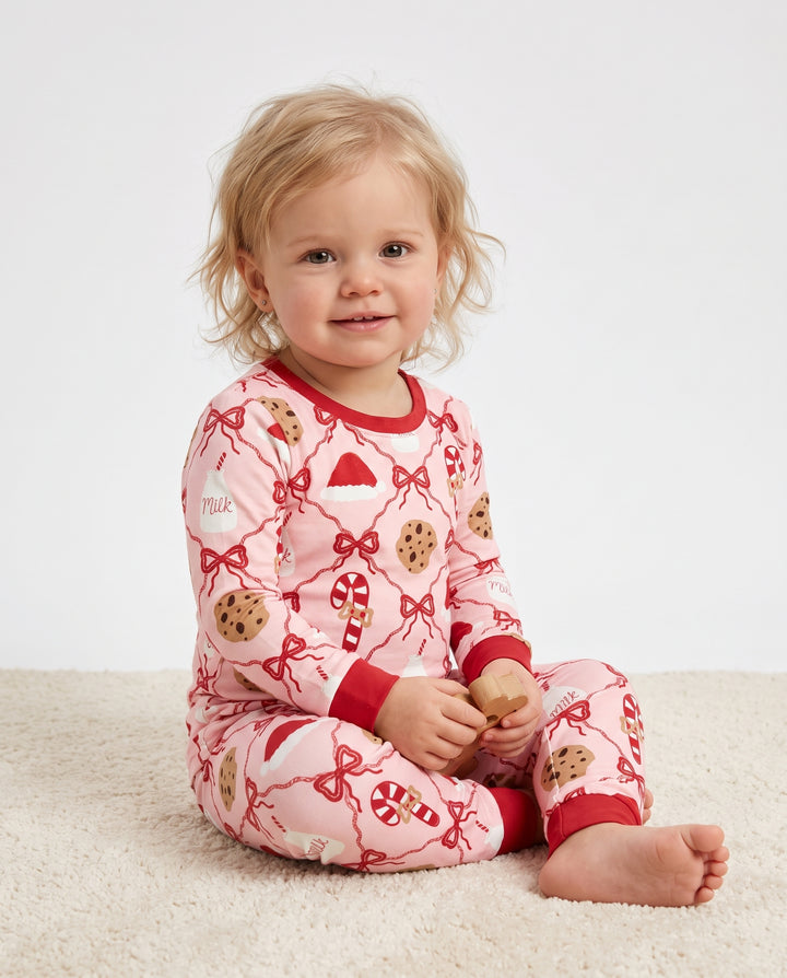 Pink Christmas Cookies and Milk Bow Lattice Bamboo Two Piece Long Sleeve Pajama Set