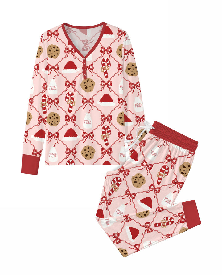 Pink Christmas Cookies and Milk Bow Lattice Bamboo Women Pajama Set