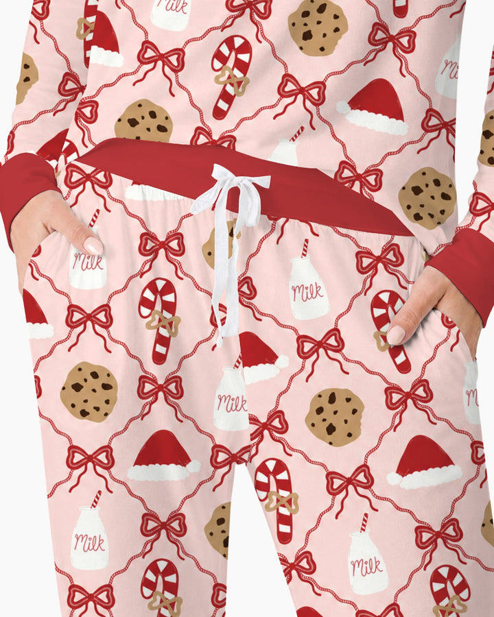Pink Christmas Cookies and Milk Bow Lattice Bamboo Women Pajama Set