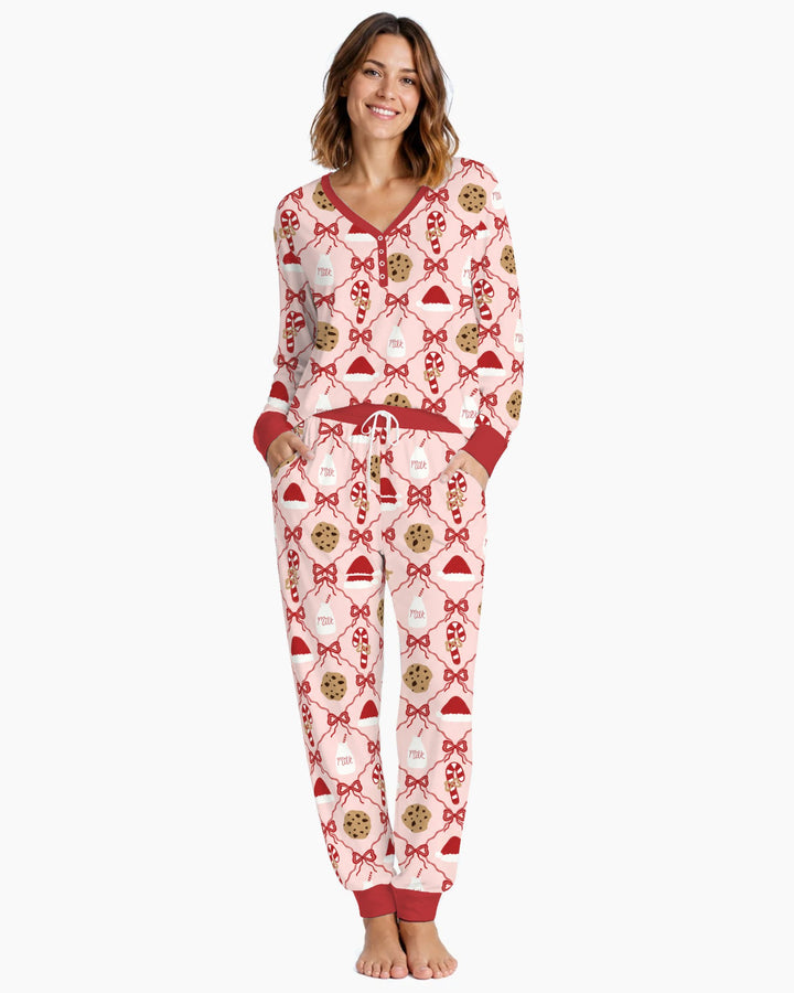 Pink Christmas Cookies and Milk Bow Lattice Bamboo Women Pajama Set